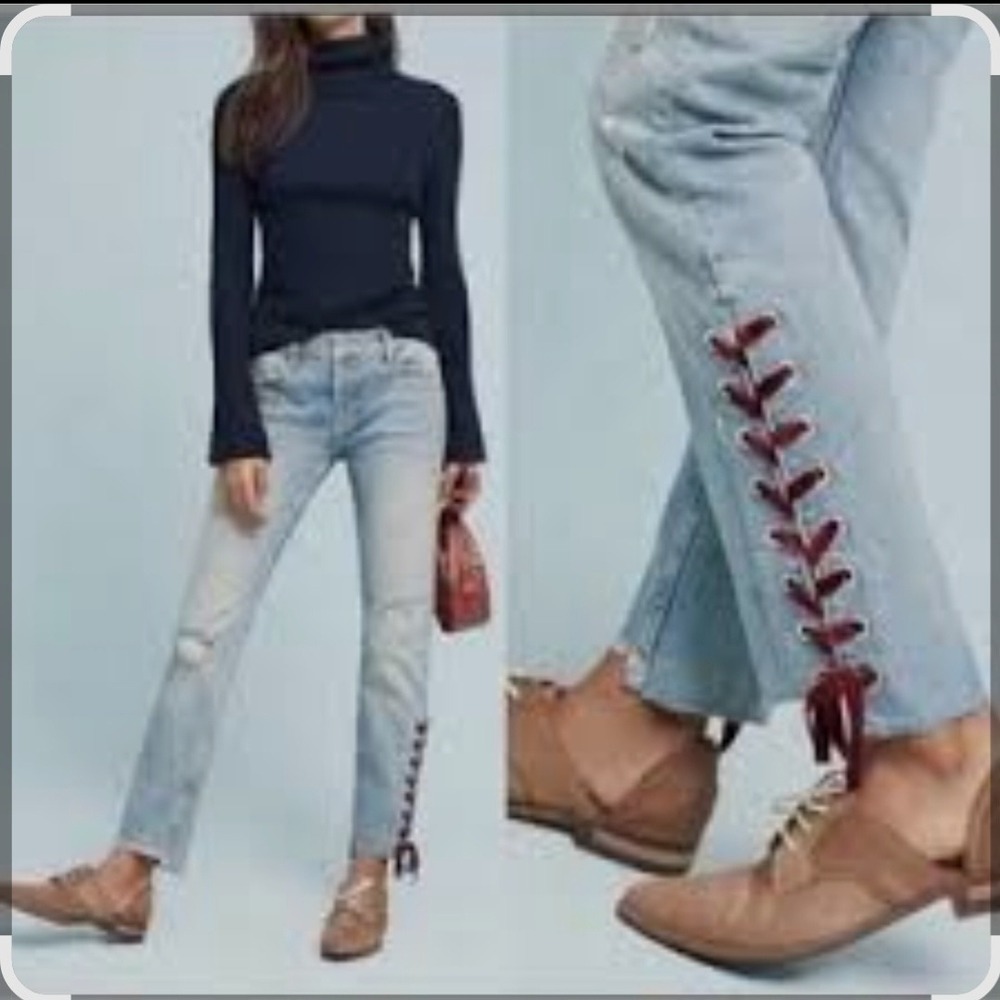 Pilcro Anthropologie Slim Straight Jeans Velvet Lace Up Hem‎ Size 28 Distressed